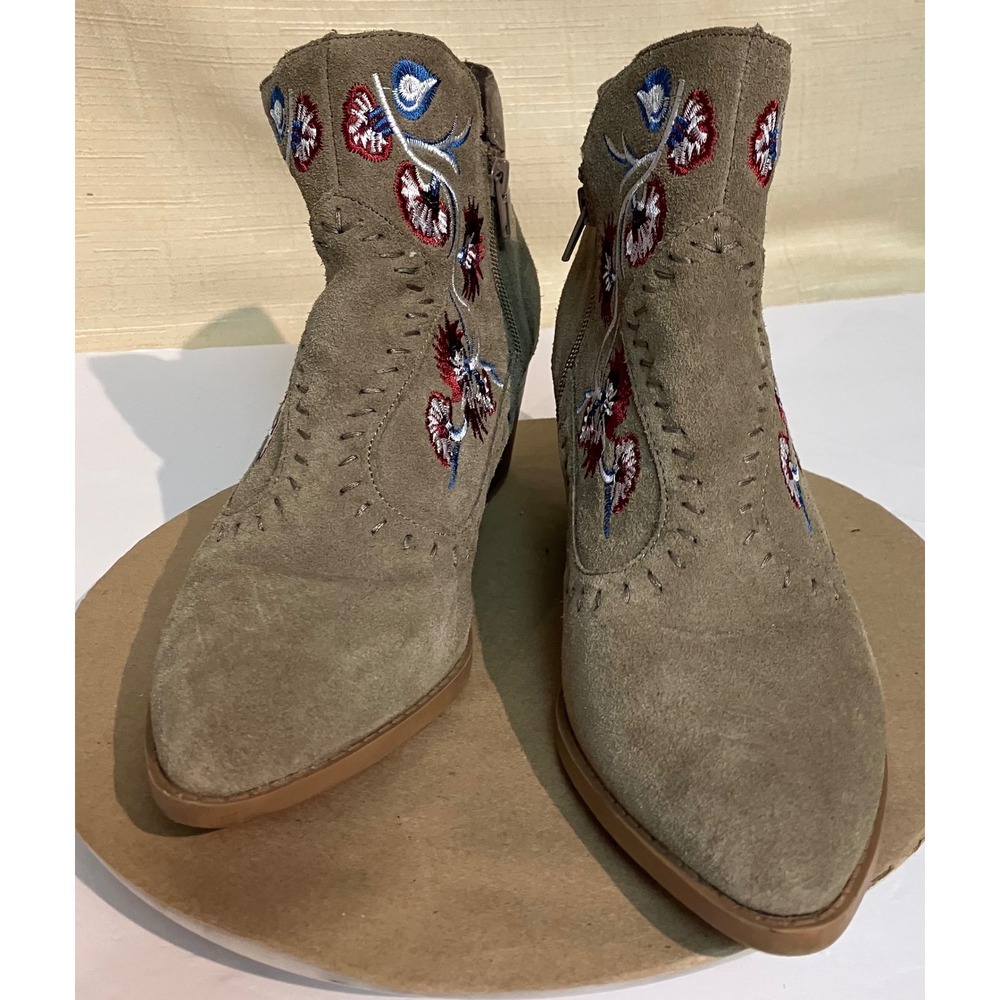 Carlos Santana Vivi Booties Womens 8.5 Taupe Excellent Floral Embroidered Suede